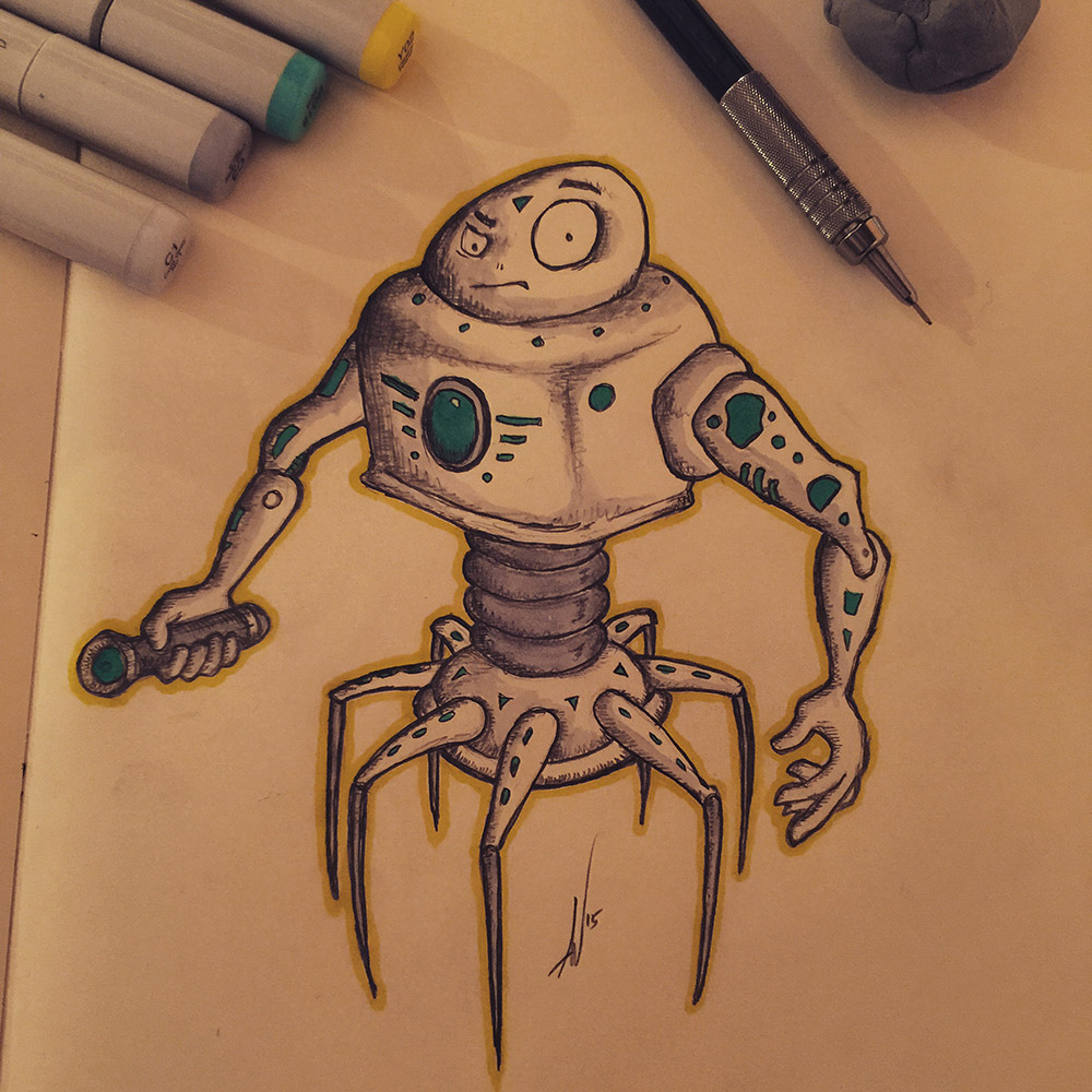 Robot Sketch With a Splash of Copic Color